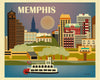 Memphis skyline poster, Tennessee poster, large Memphis poster, Memphis TN retro travel city poster art, Karen Young Loose Petals city wall art, Memphis handmade art gift, quality Memphis souvenirs, Southern handmade gifts