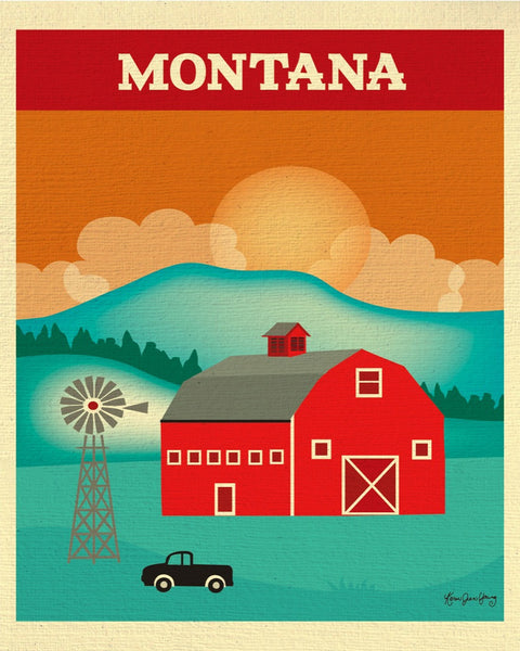 Montana posters, red Montana posters, barn posters, MT posters, Loose Petals wall art by Karen Young, handmade Montana gift, handmade Montana souvenirs, Montana poster prints, Montana wedding gift, Montana Nursery room art