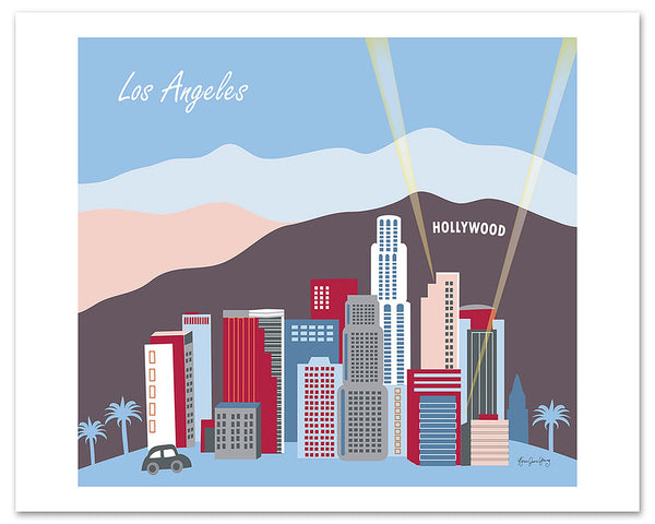 Los Angeles art poster, Pastel LA poster, Hollywood poster, LA California skyline poster, Retro LA poster, Karen Young Loose Petals city poster,  large Los Angeles posters