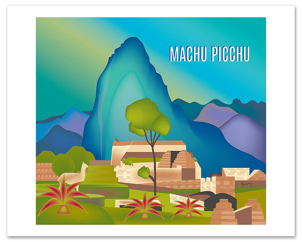 Machu Picchu skyline art poster, large Machu Picchu poster print, llama poster, Peruvian handmade art gift, Loose Petals city art by Karen Young, South American canvas, large Peru print, Travel Map