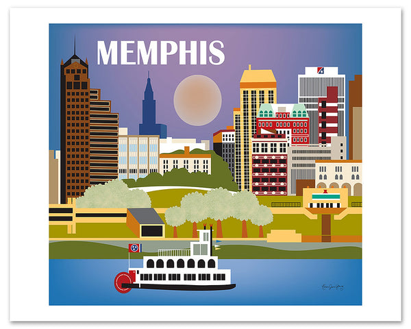 Memphis skyline poster, Tennessee poster, large Memphis poster, Memphis TN retro travel city poster art, Karen Young Loose Petals city wall art, Memphis handmade art gift, quality Memphis souvenirs, Southern handmade gifts