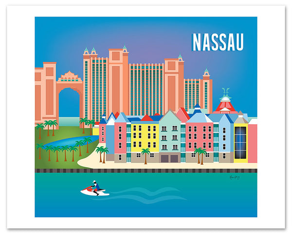 Nassau poster print, Nassau Bahama poster art, large Nassau posters, Loose Petals city art by artist, Karen Young, travel art, destination prints, handmade Bahamas gifts, handmade Nassau gift, print on demand art Loose Petals