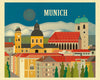 Munich skyline poster, Munich retro travel poster, large Munich posters for office, Loose Petals city art by artist Karen Young, Munich housewarming gift, handmade Munich gift, handmade Munich Baby gift, print on demand