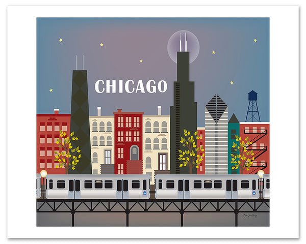 Chicago skyline poster, large Chicago poster, Chicago night print