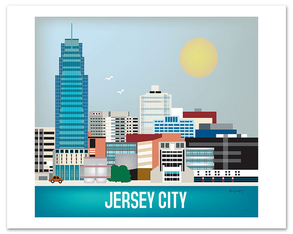 Jersey City skyline art poster, large Jersey posters, giclee New Jersey poster, Karen Young Loose Petals city art posters Jersey City