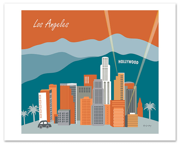 Los Angeles giclee art print, large Hollywood poster, LA wall art, Southern California artwork, Loose Petals city art by Karen Young, LA Sunset, terracotta and teal green colors